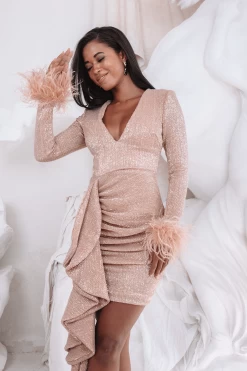 APHRODITE Draped Skirt Pleated Sequin Mini Dress In Rose Gold