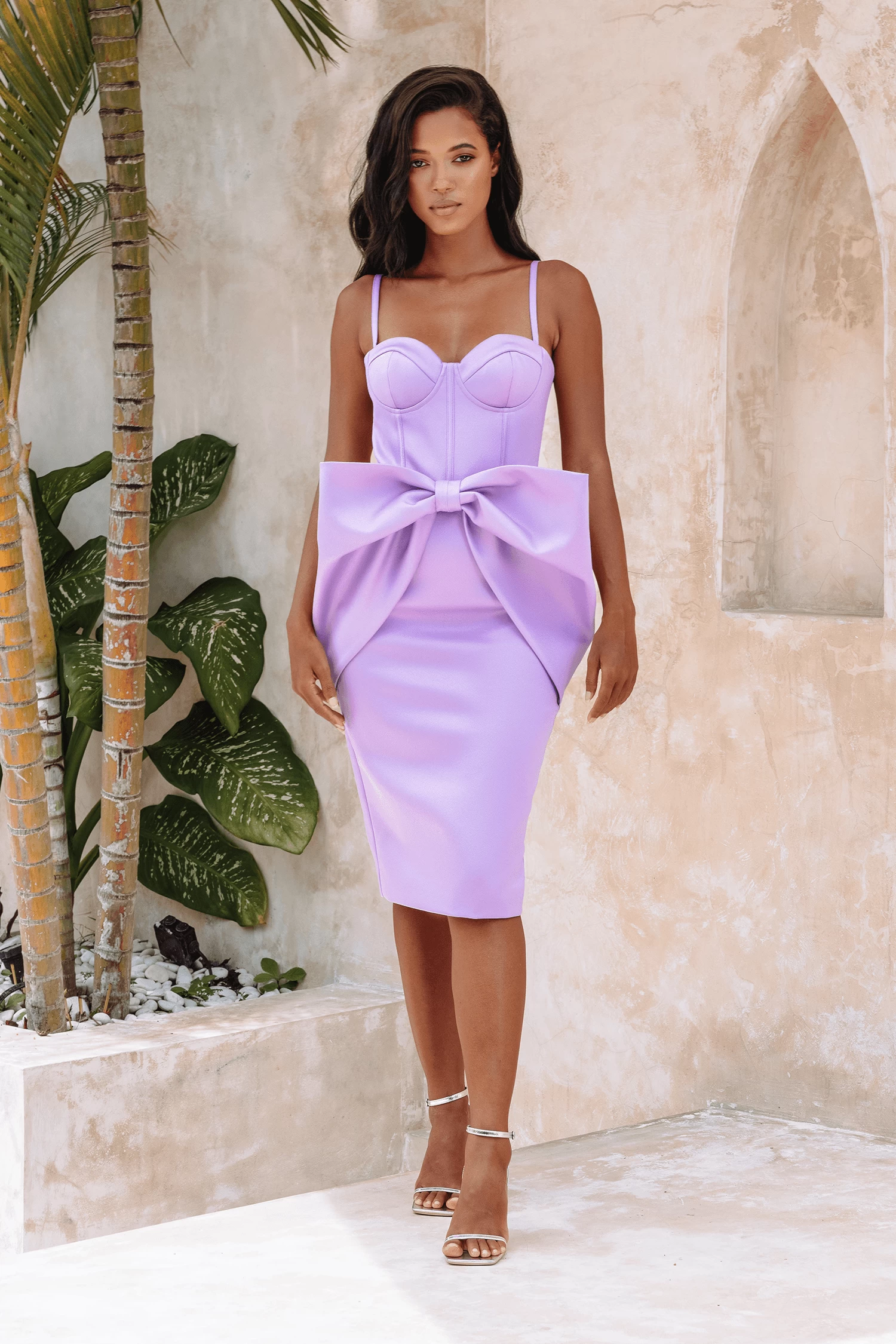 SHILOH Extreme Bow Corset Detail Midi Dress In Lavender Satin - Image 2