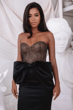 ALEXANDRIA Extreme Bow Corset Detail Satin Midi Dress In Black