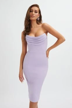 ELLA Pleated Cowl Bandeau Midi Dress In Lilac