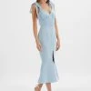 KAMILA Tie Strap Micro Button Midi Dress In Deep Corn Flower Blue