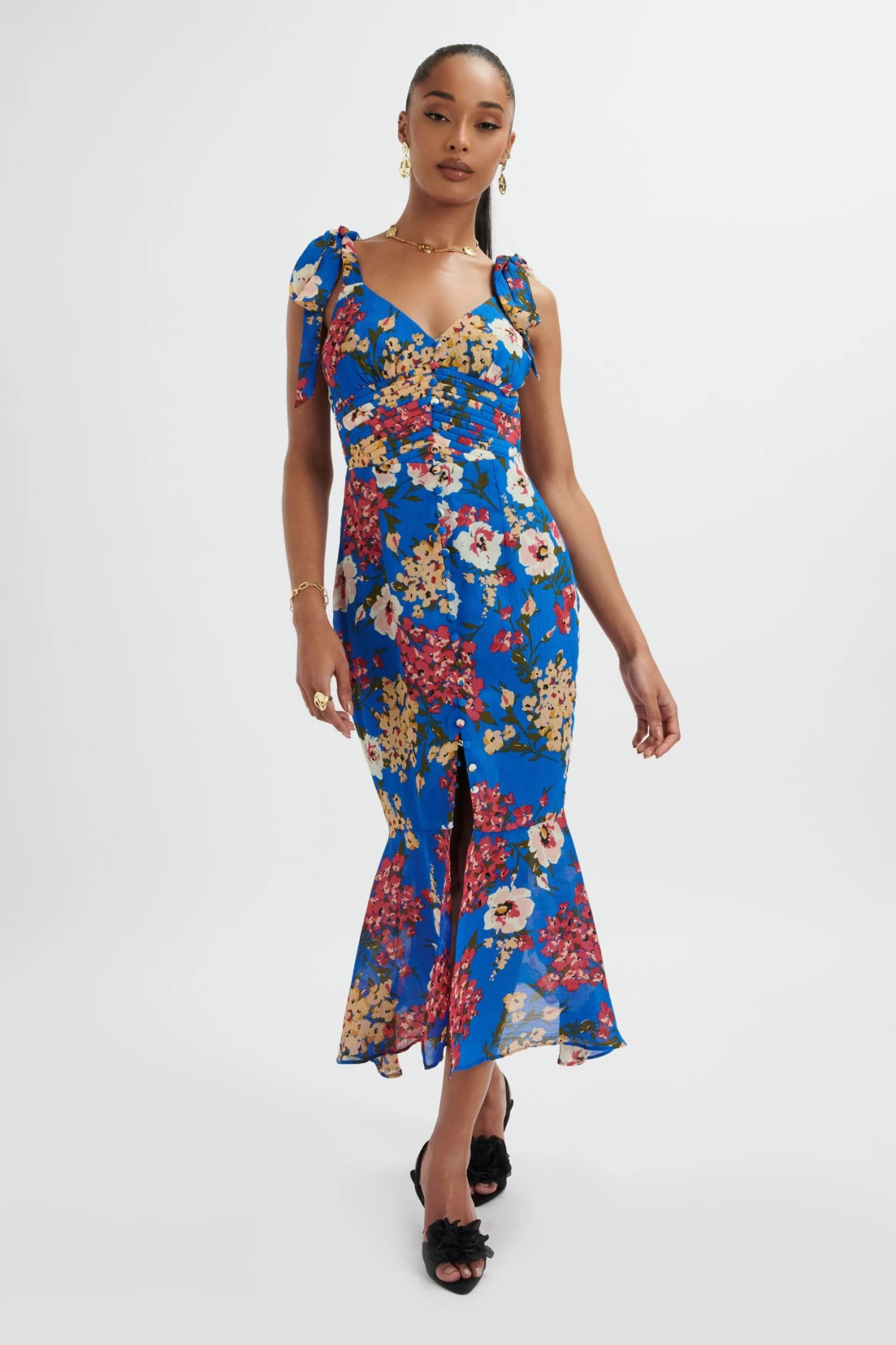 KAMILA Tie Strap Micro Button Longline Midi Dress In Blue Floral Satin - Image 3