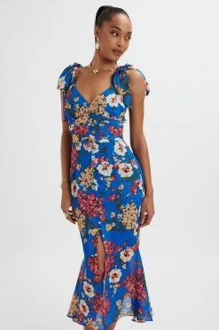 KAMILA Tie Strap Micro Button Longline Midi Dress In Blue Floral Satin