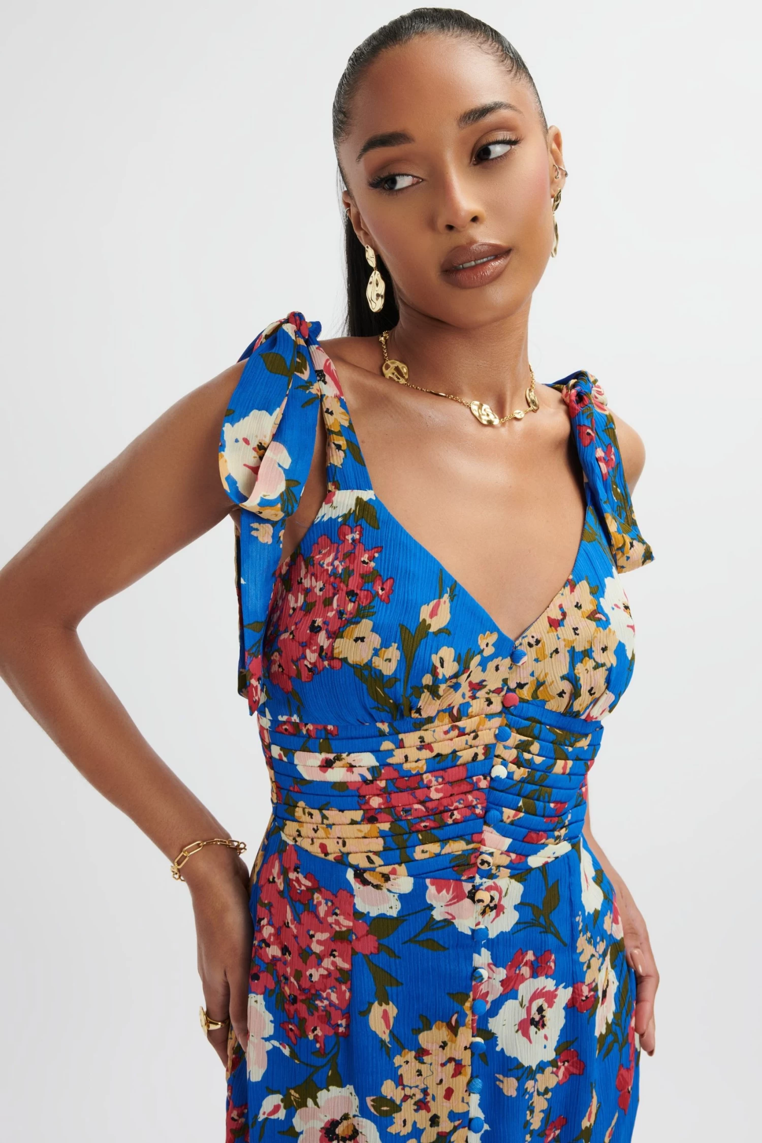 KAMILA Tie Strap Micro Button Longline Midi Dress In Blue Floral Satin - Image 4