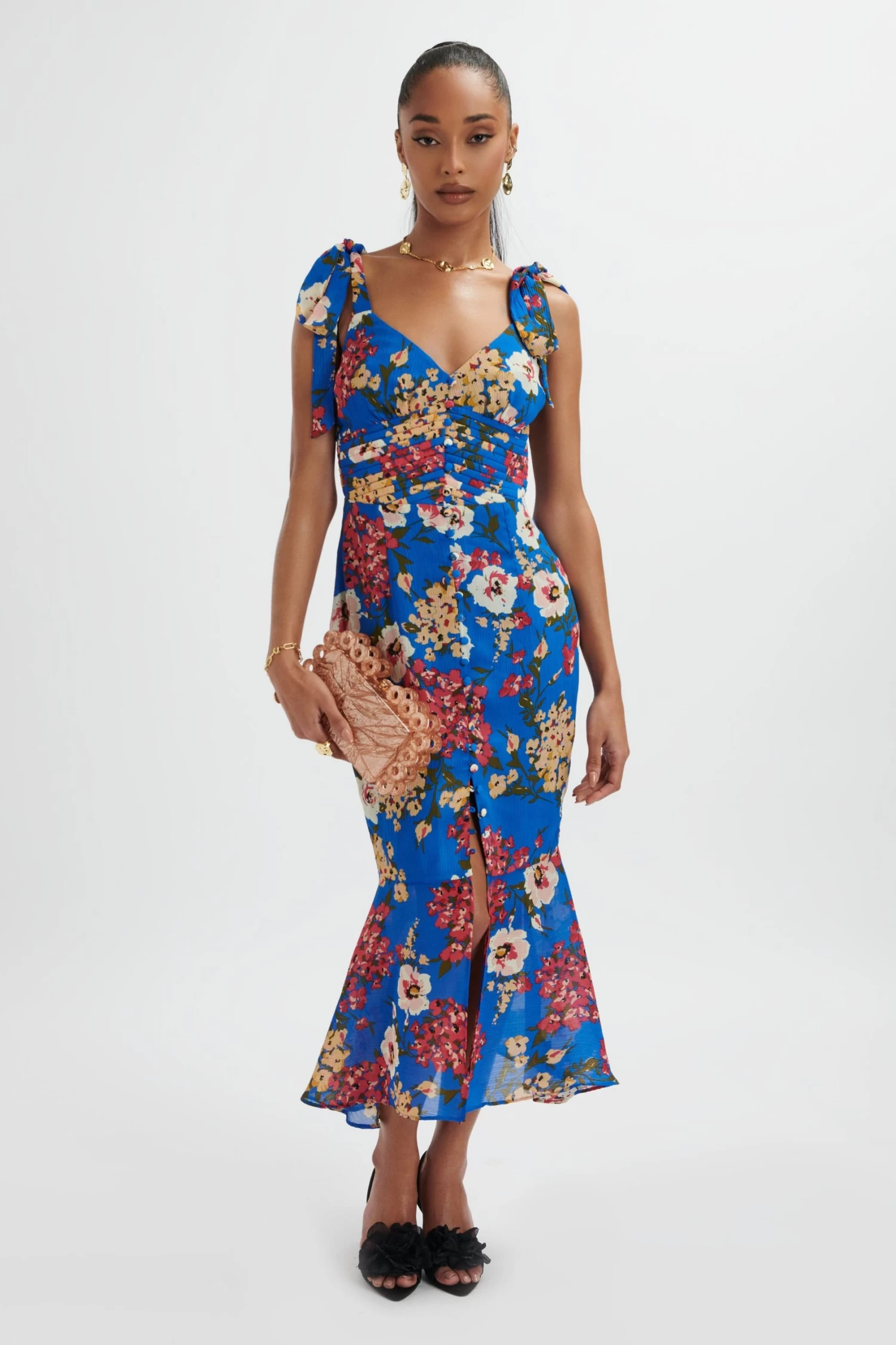 KAMILA Tie Strap Micro Button Longline Midi Dress In Blue Floral Satin - Image 5