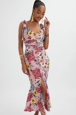 KAMILA Tie Strap Micro Button Longline Midi Dress In Pink Floral Satin