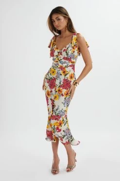 KAMILA Tie Strap Micro Button Longline Midi Dress In White Floral Satin