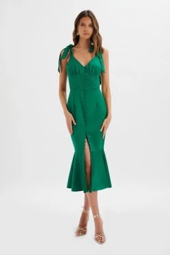 KAMILA Tie Strap Micro Button Satin Midi Dress In Emerald Green