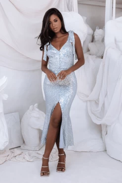 KAMILA Tie Strap Micro Button Sequin Midi Dress In Silver