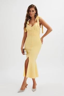 KAMILA Tie Strap Micro Button Longline Midi Dress In Pastel Yellow