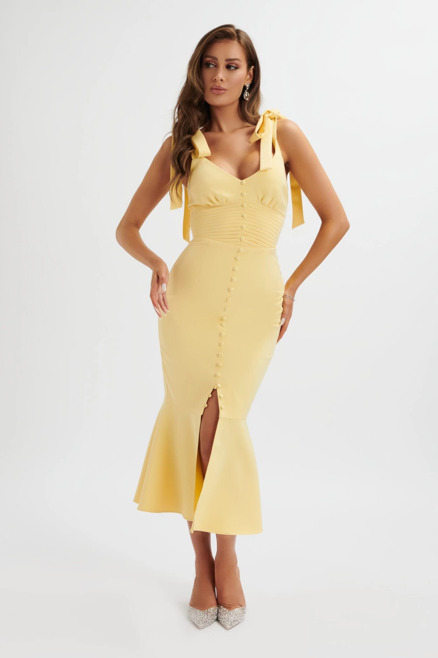 KAMILA Tie Strap Micro Button Longline Midi Dress In Pastel Yellow - Image 3