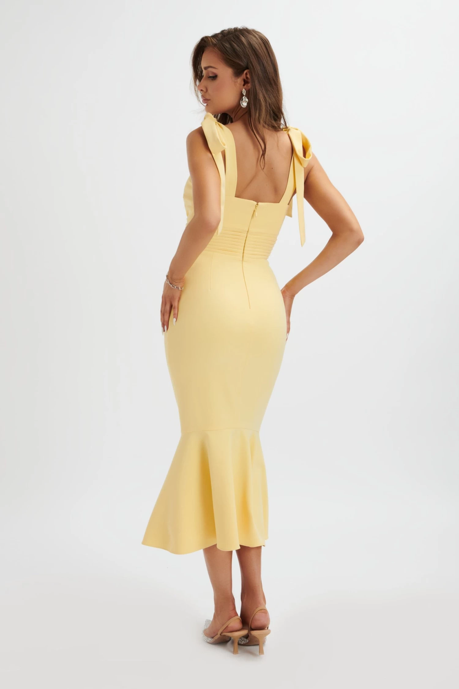 KAMILA Tie Strap Micro Button Longline Midi Dress In Pastel Yellow - Image 4
