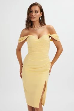 JULIA Pleated Bardot Midi Dress In Yellow
