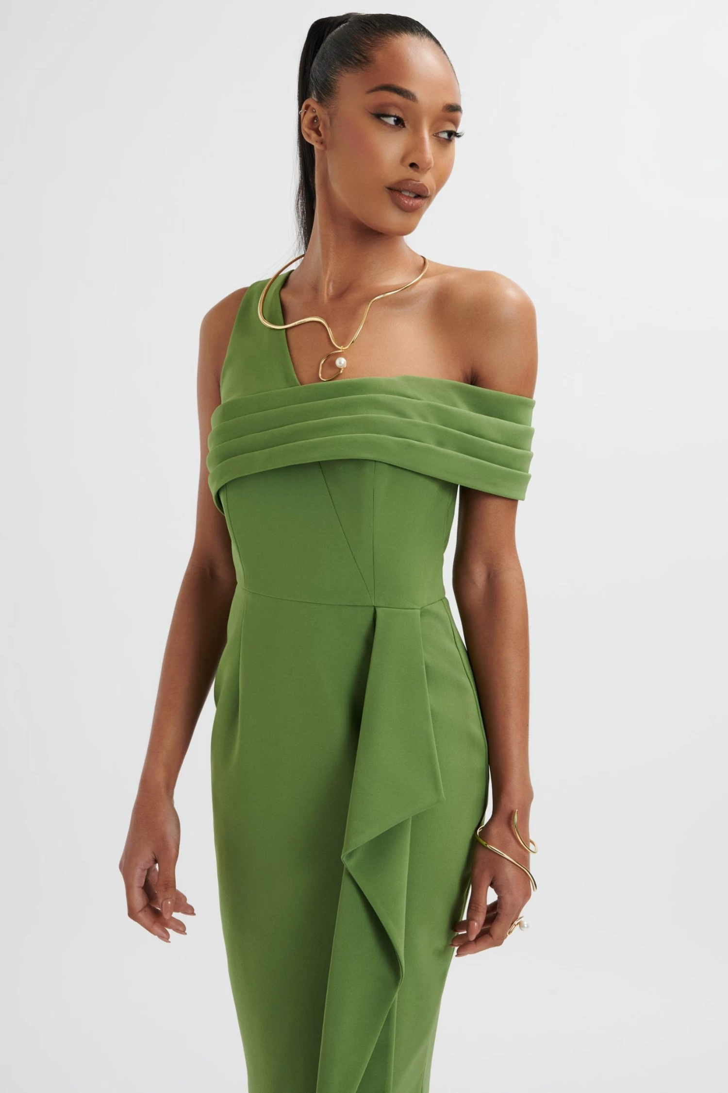 HANNAH Pleated Asymmetric Off Shoulder Midi Dress In Green - Image 2