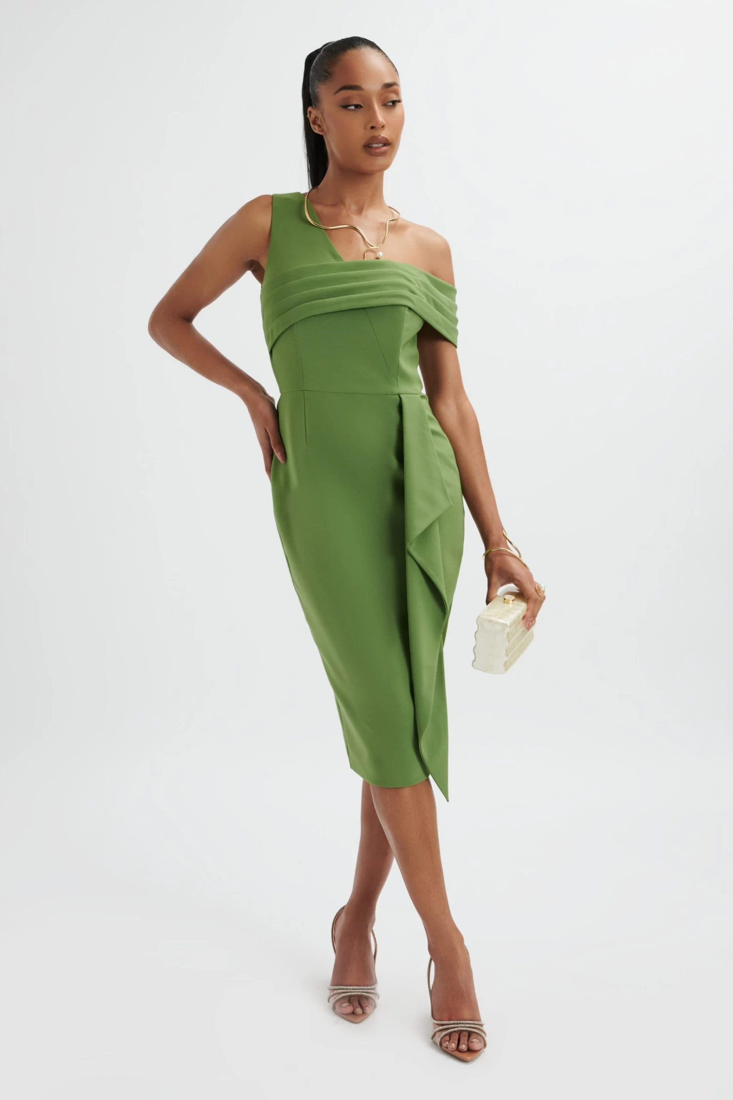 HANNAH Pleated Asymmetric Off Shoulder Midi Dress In Green - Image 3