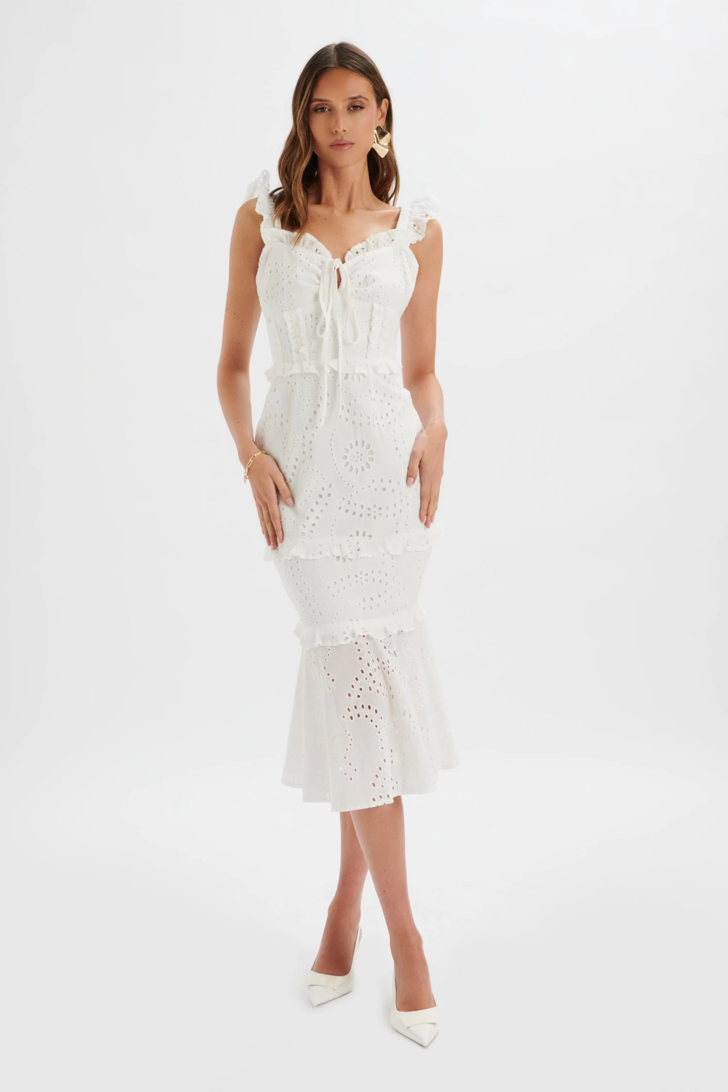 SOFI Broderie Anglais Ruffle Fishtail Midaxi In White - Image 2