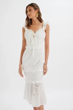 SOFI Broderie Anglais Ruffle Fishtail Midaxi In White