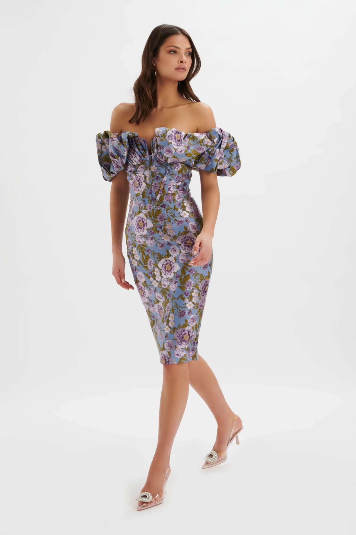 HARLOW Jacquard Corset Puff Sleeve Midi Dress In Blue Purple - Image 2