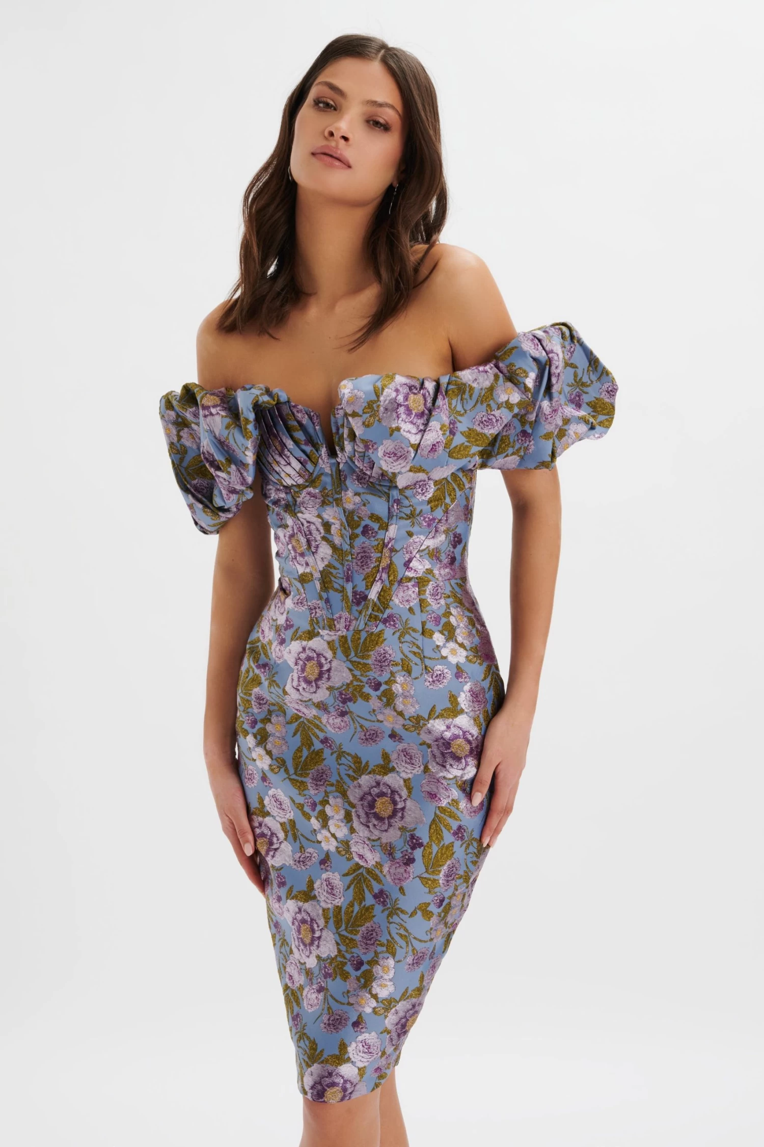 HARLOW Jacquard Corset Puff Sleeve Midi Dress In Blue Purple - Image 3