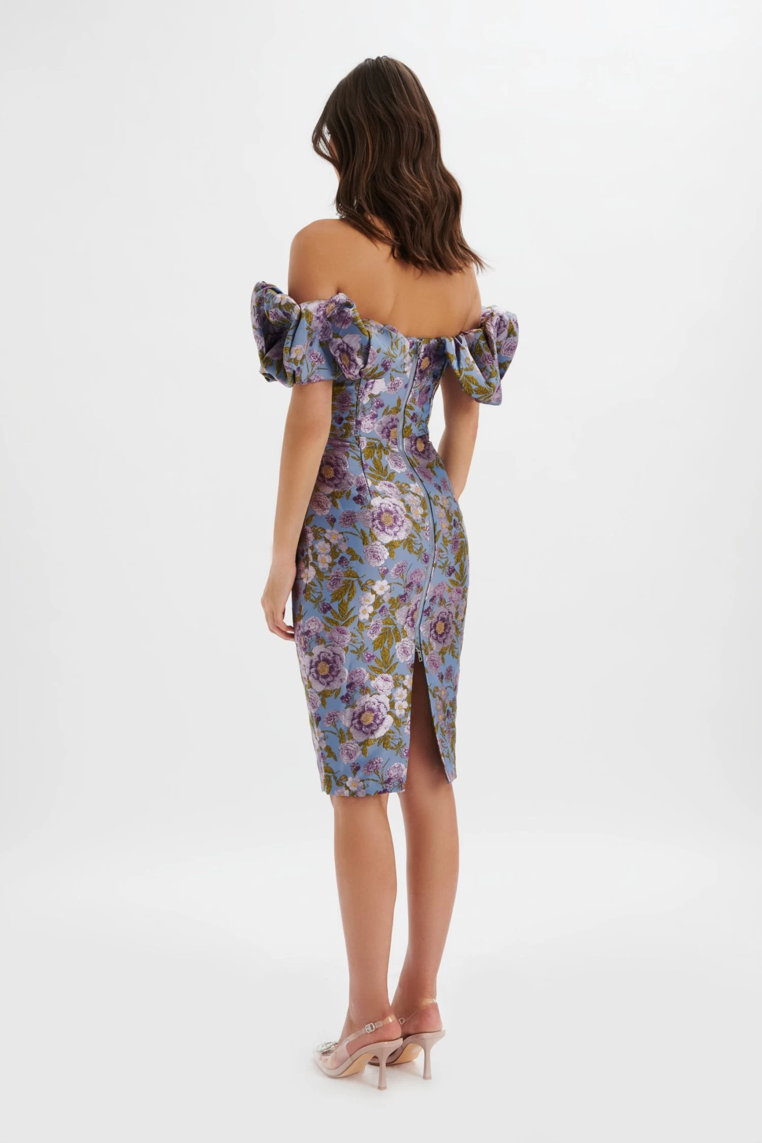HARLOW Jacquard Corset Puff Sleeve Midi Dress In Blue Purple - Image 4