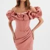 LILLY Extreme Ruffle Bardot Midi Dress In Rose Pink