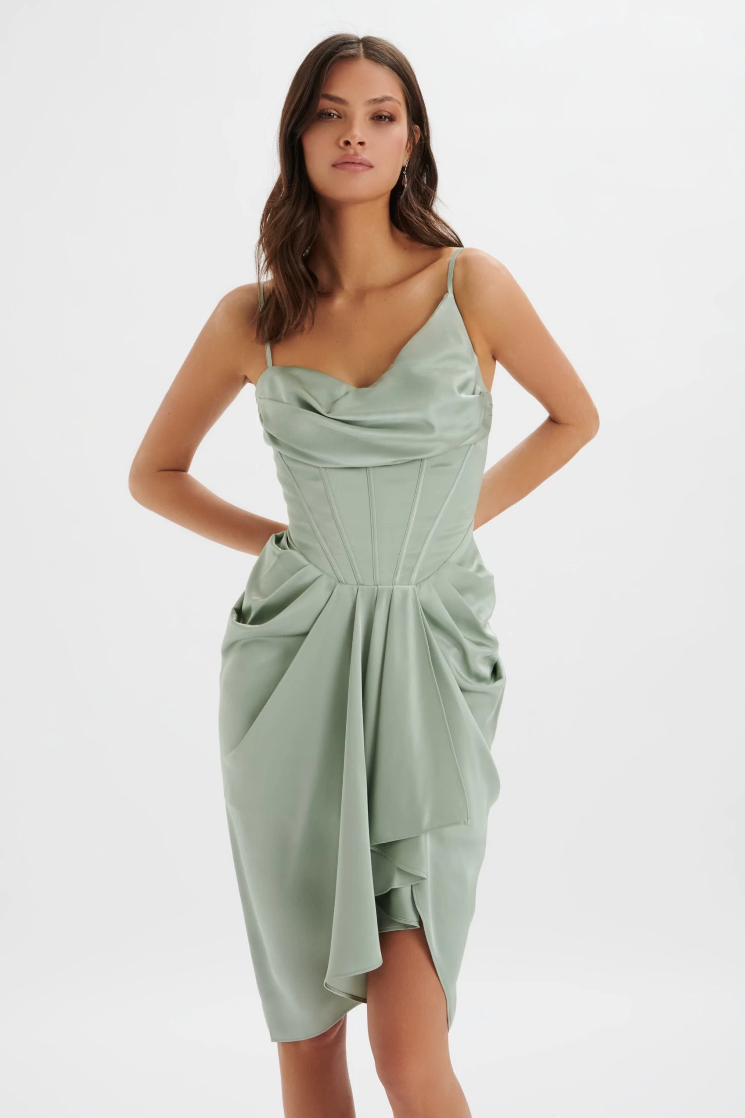 SELAH Asymmetric Cowl Neck Draped Midi Dress In Sage - Image 2