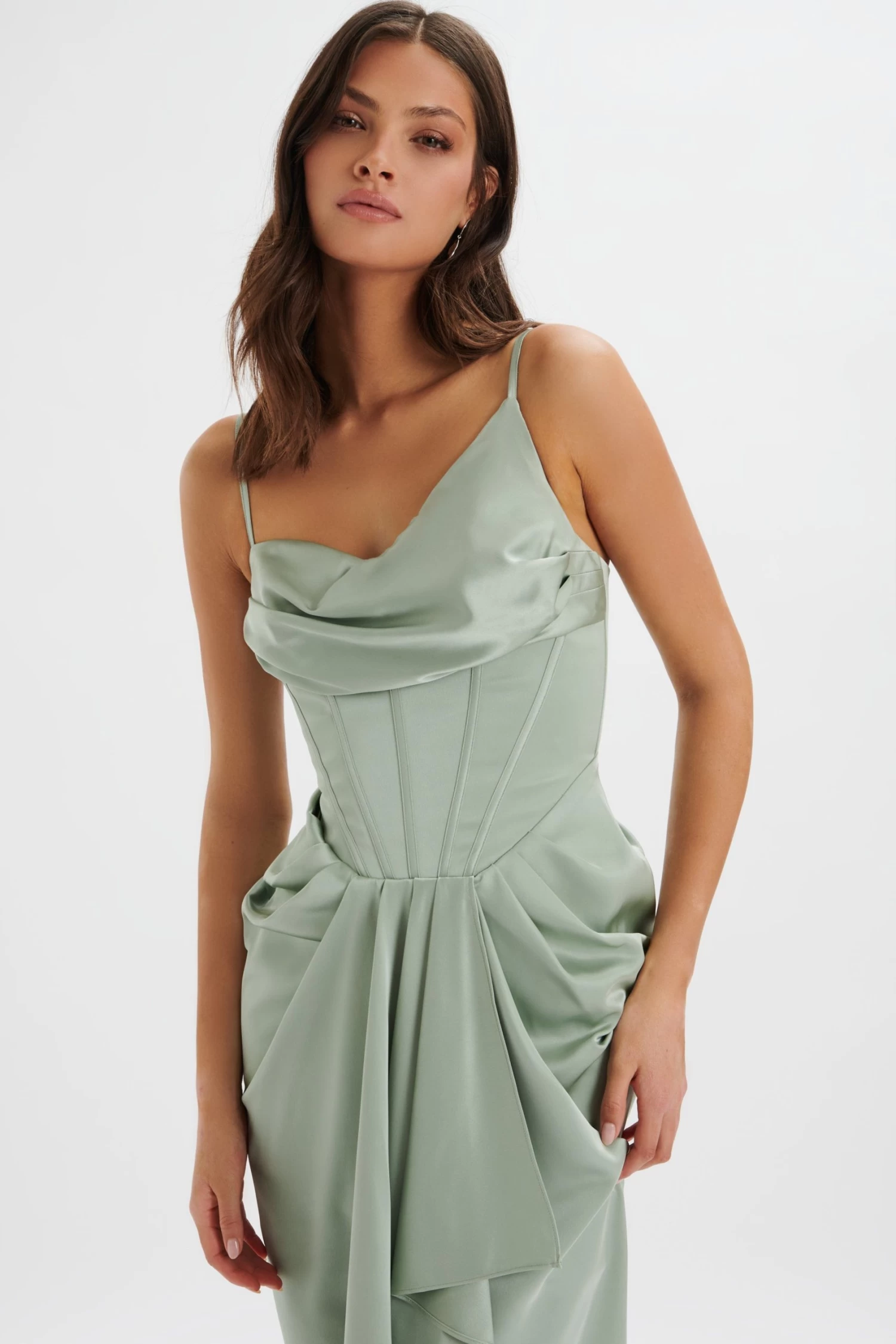 SELAH Asymmetric Cowl Neck Draped Midi Dress In Sage - Image 3
