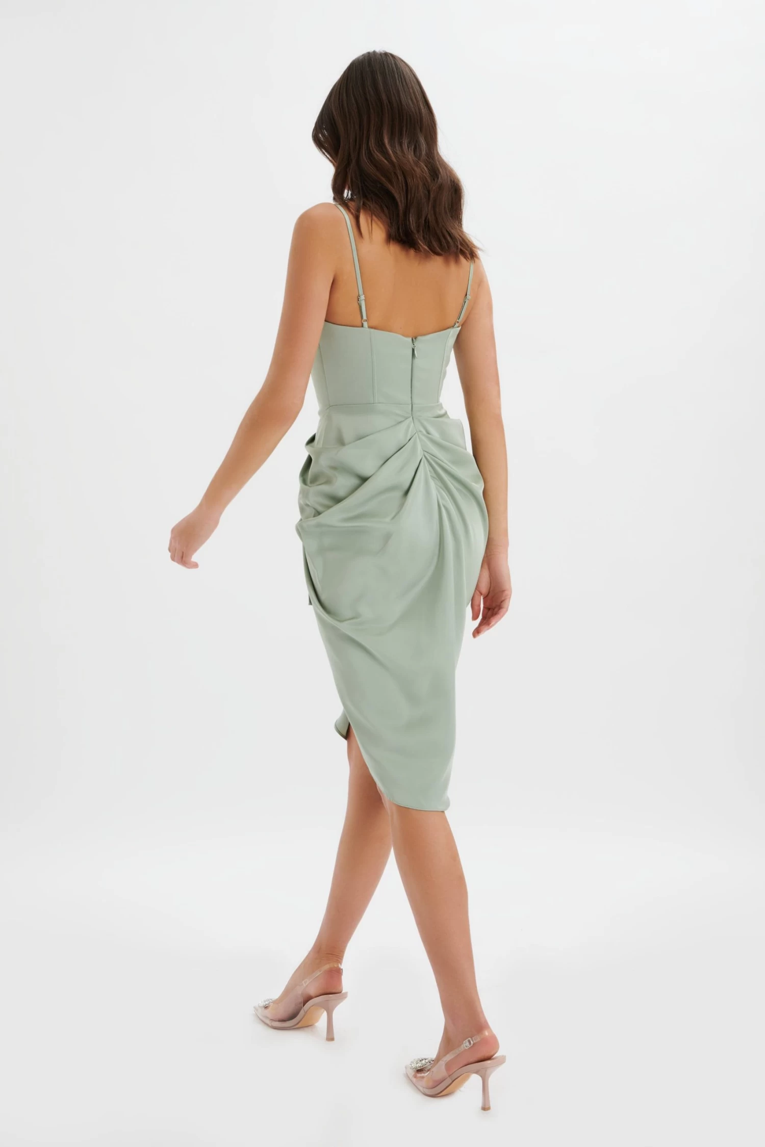 SELAH Asymmetric Cowl Neck Draped Midi Dress In Sage - Image 4