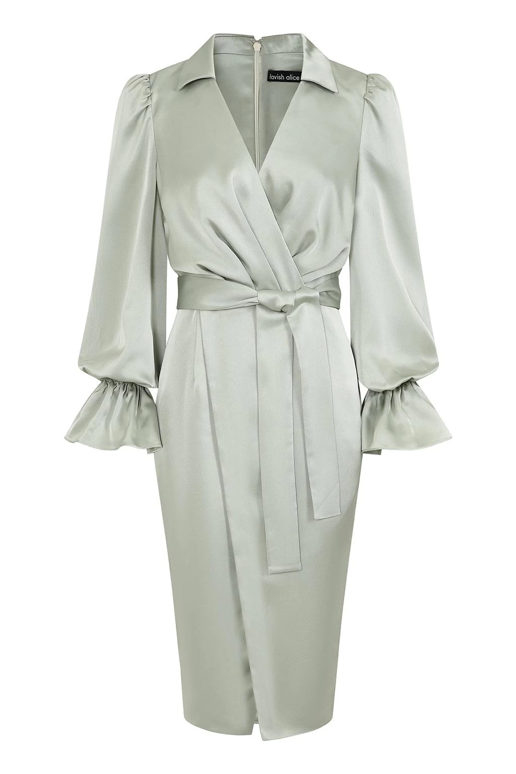 ELISE Satin Wrap Shirt Dress In Sage - Image 5