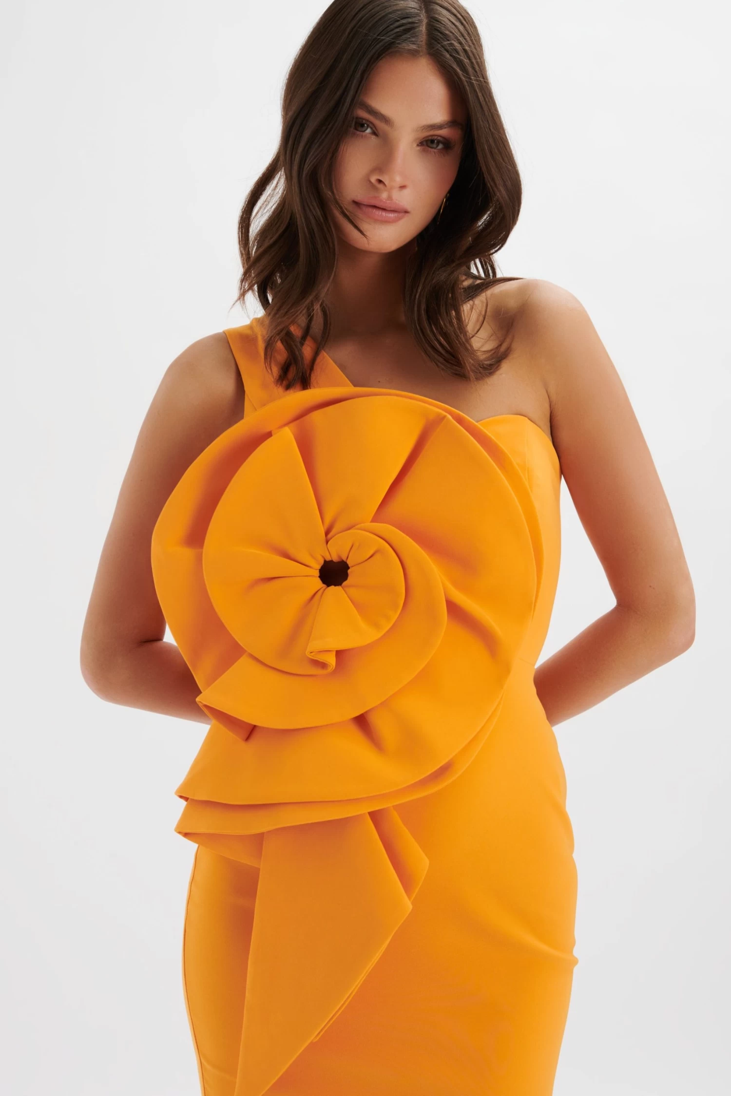 NOLA 3D Statement Ruffle Midi Dress In Papaya - Image 3
