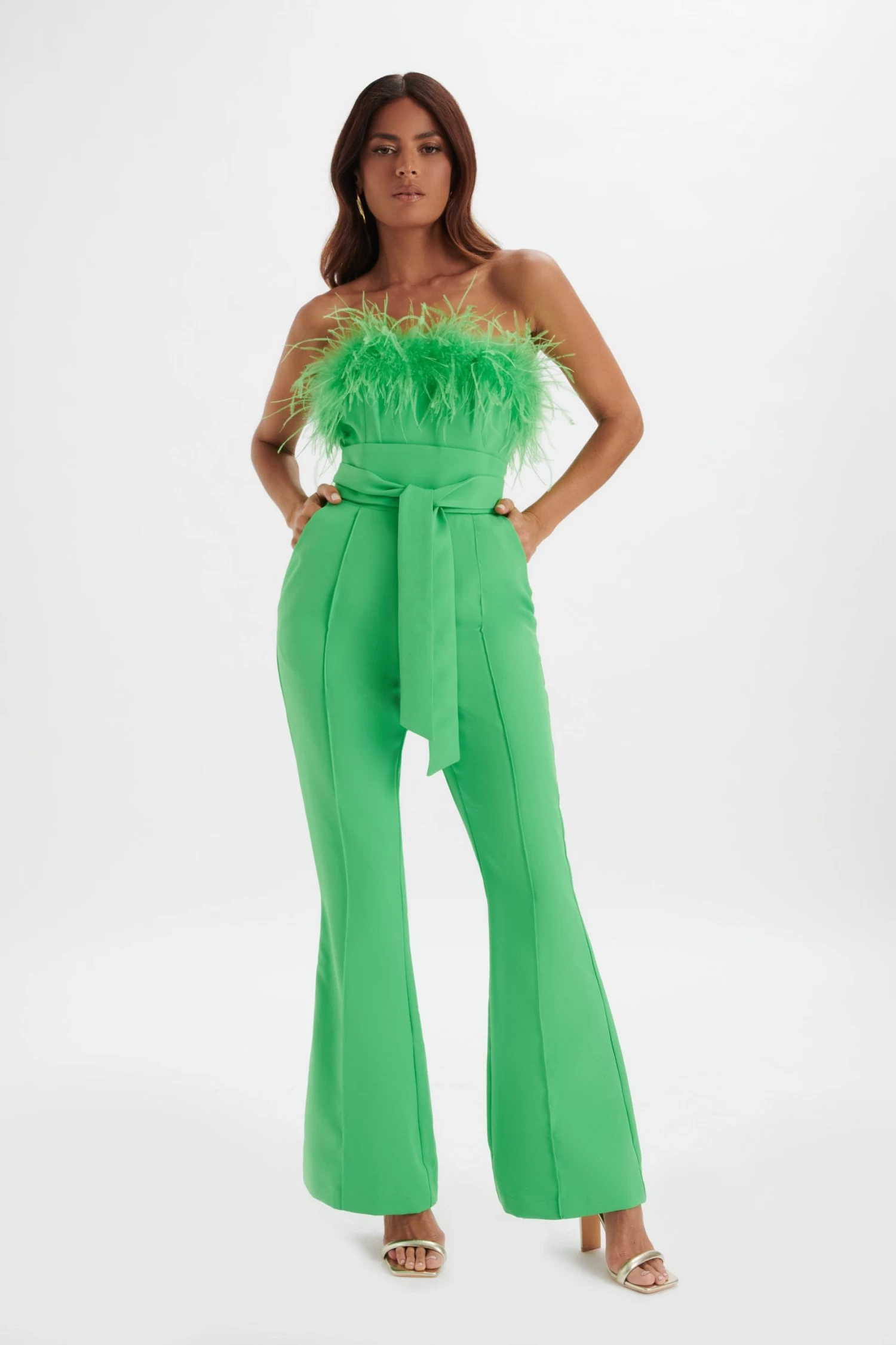 LUCINDA Feather Bandeau Fit And Flare Jumpsuit In Apple Green - Image 2