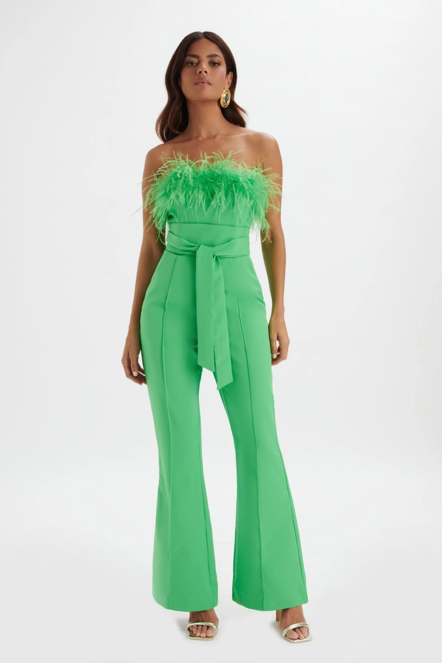 LUCINDA Feather Bandeau Fit And Flare Jumpsuit In Apple Green - Image 3