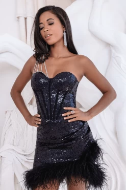 ETRO One Shoulder Embellished Sequin Feather Trim Mini Dress In Black