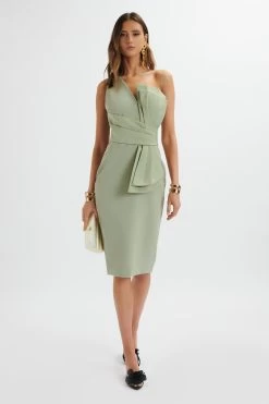 PANDORA Asymmetric Oversized Statement Bow Midi Dress In Sage Green