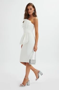 PANDORA Asymmetric Oversized Statement Bow Midi Dress In White