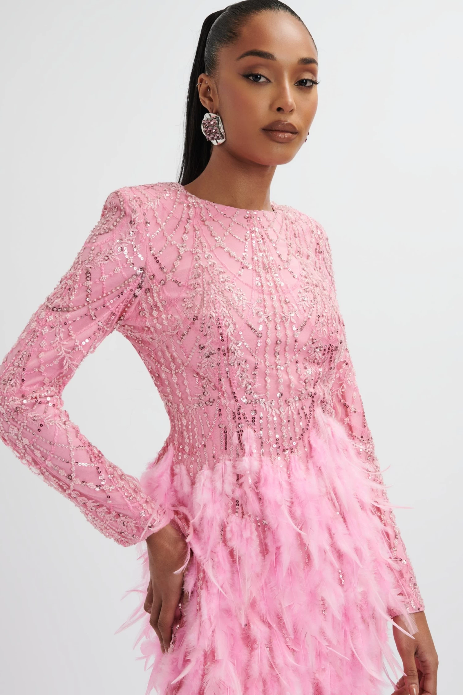 SELENE Embellished Feather Mini Dress In Pink - Image 3