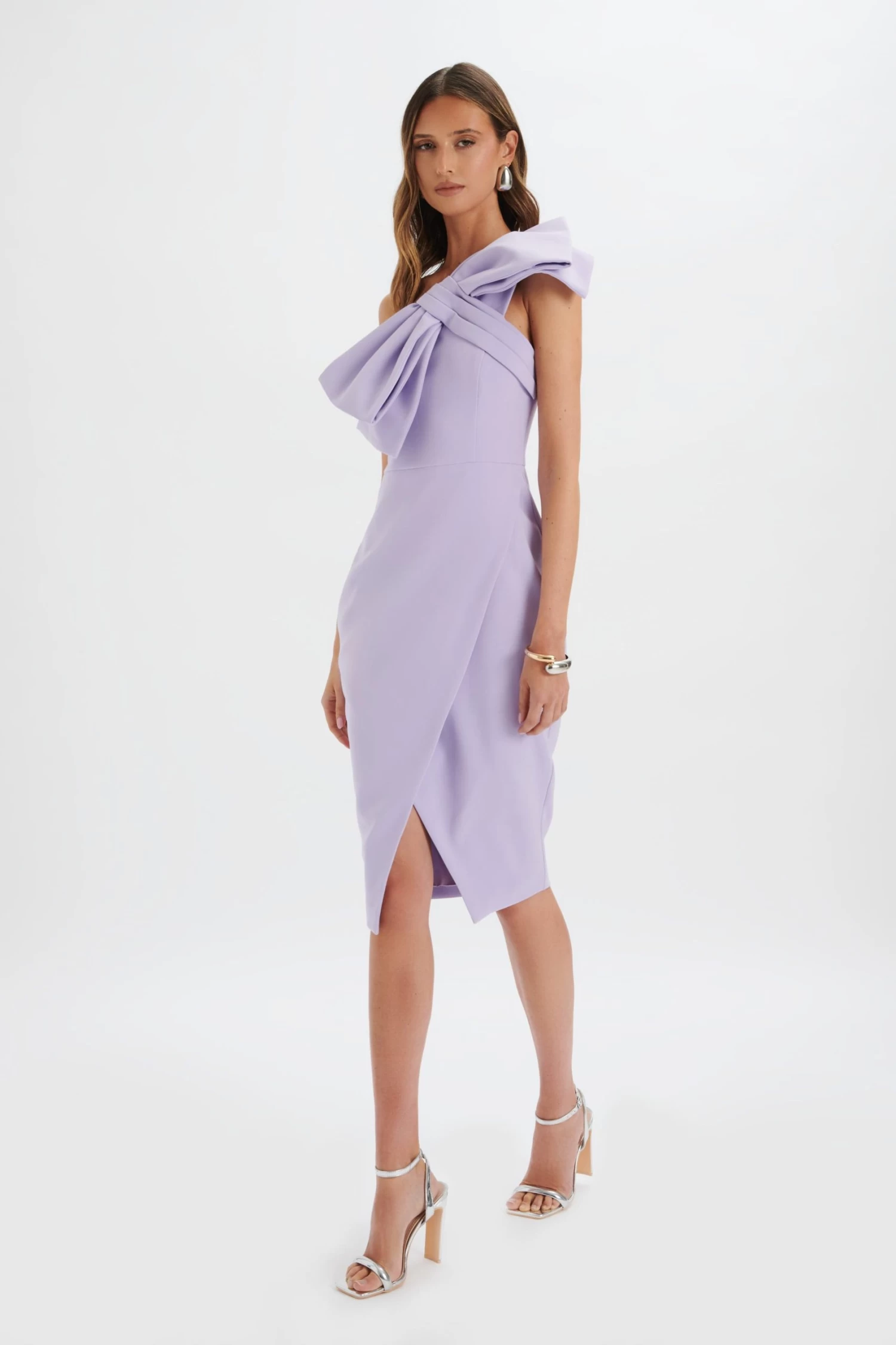 CAMERON One Shoulder Statement Bow Midi Dress In Lilac - Image 2