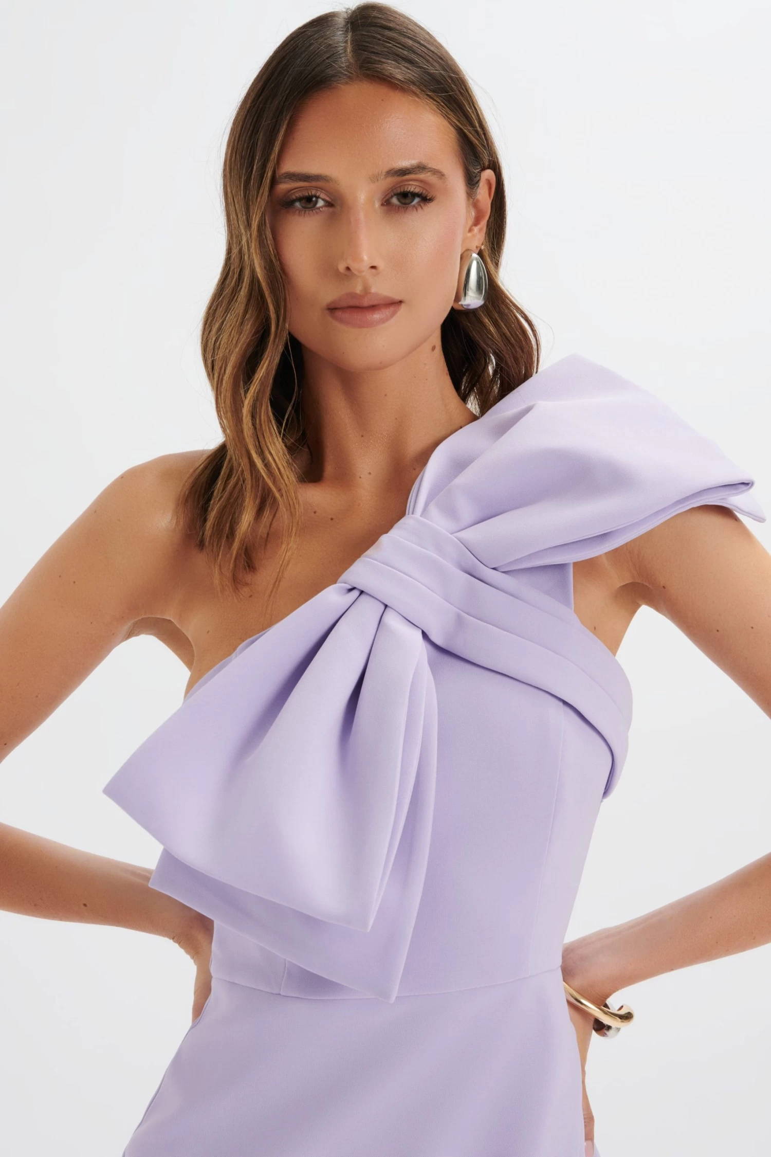 CAMERON One Shoulder Statement Bow Midi Dress In Lilac - Image 3