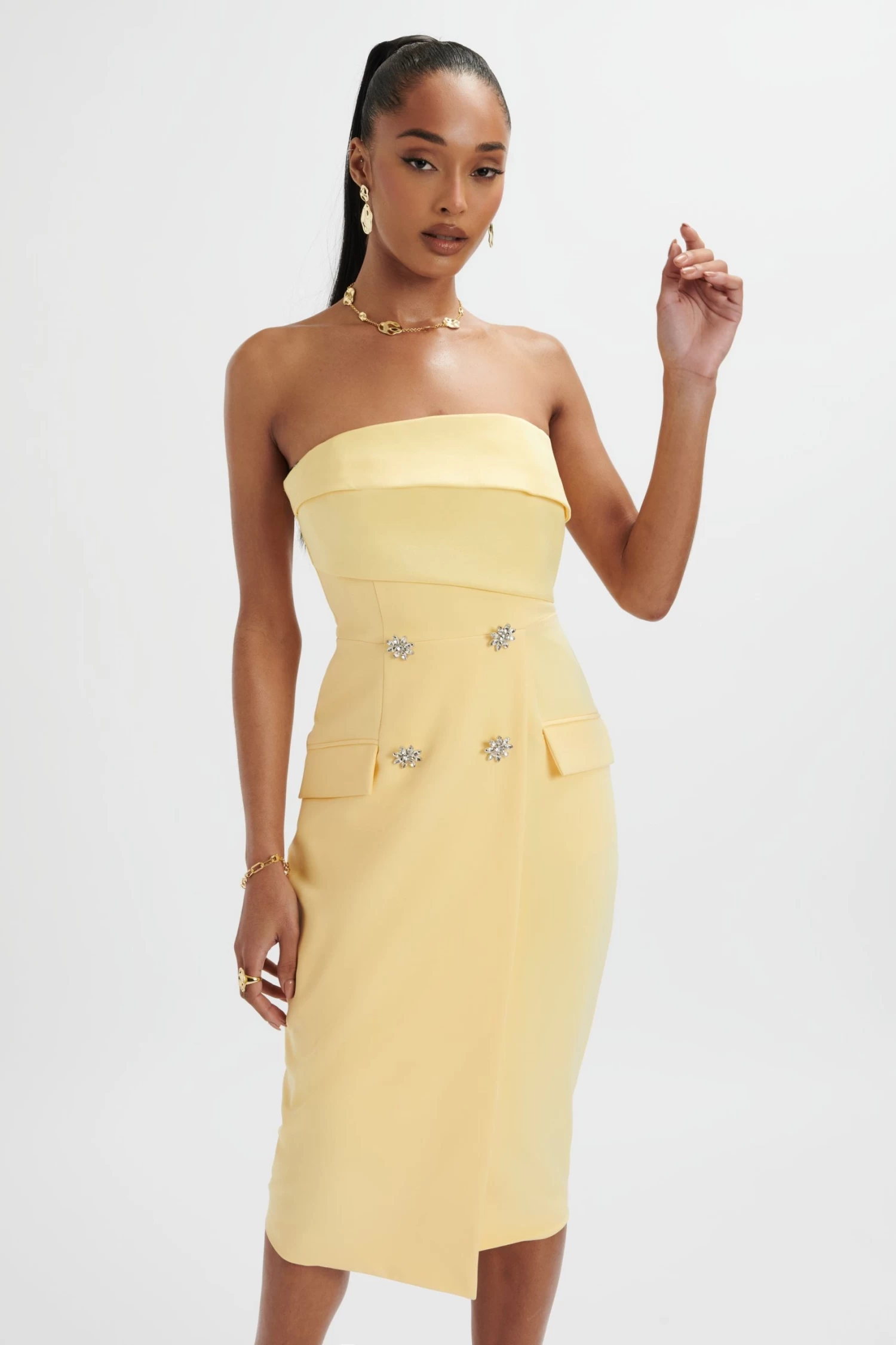 FLUER Bandeau Tailored Midi Dress In Pastel Yellow - Image 3