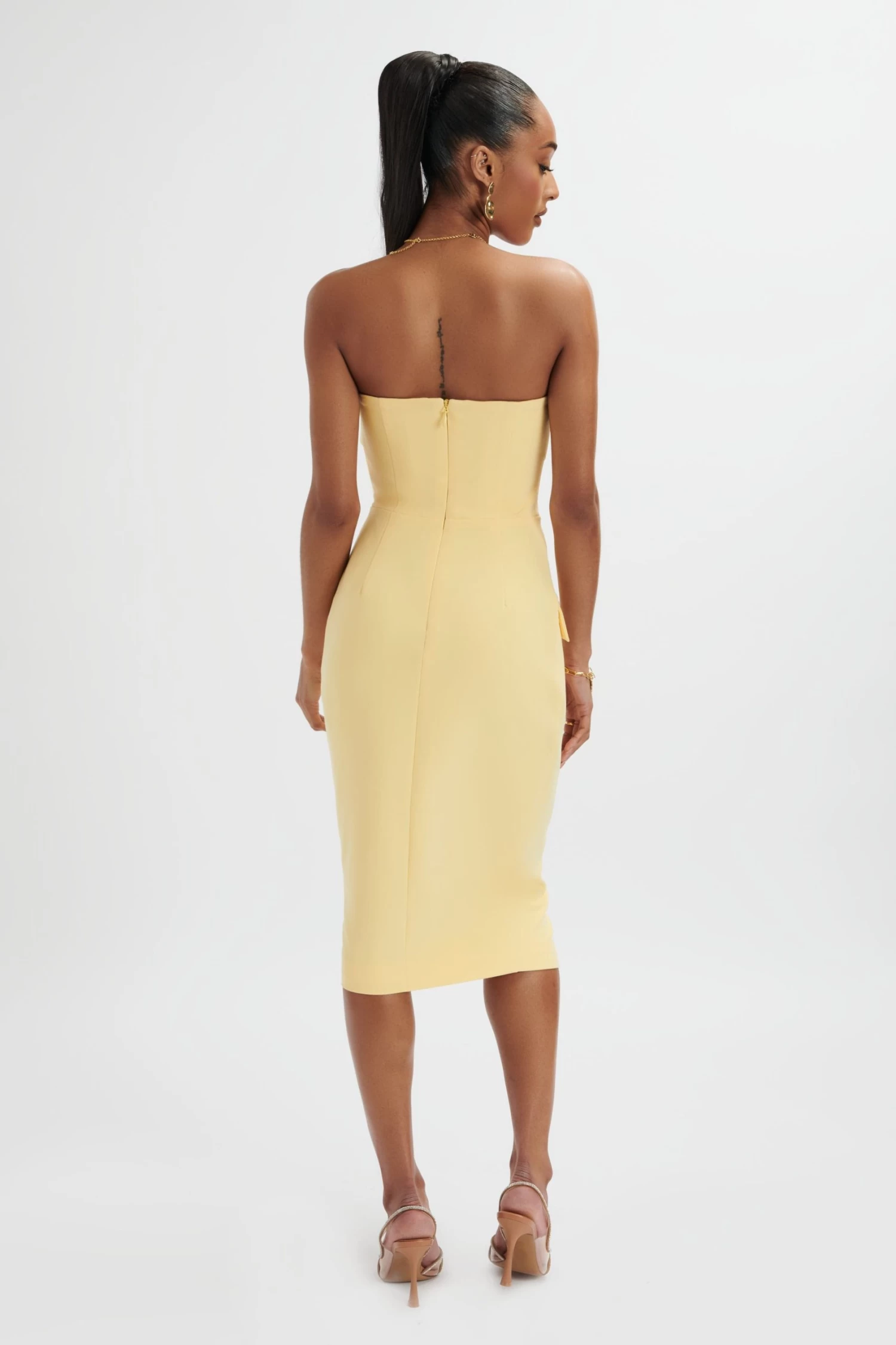 FLUER Bandeau Tailored Midi Dress In Pastel Yellow - Image 4