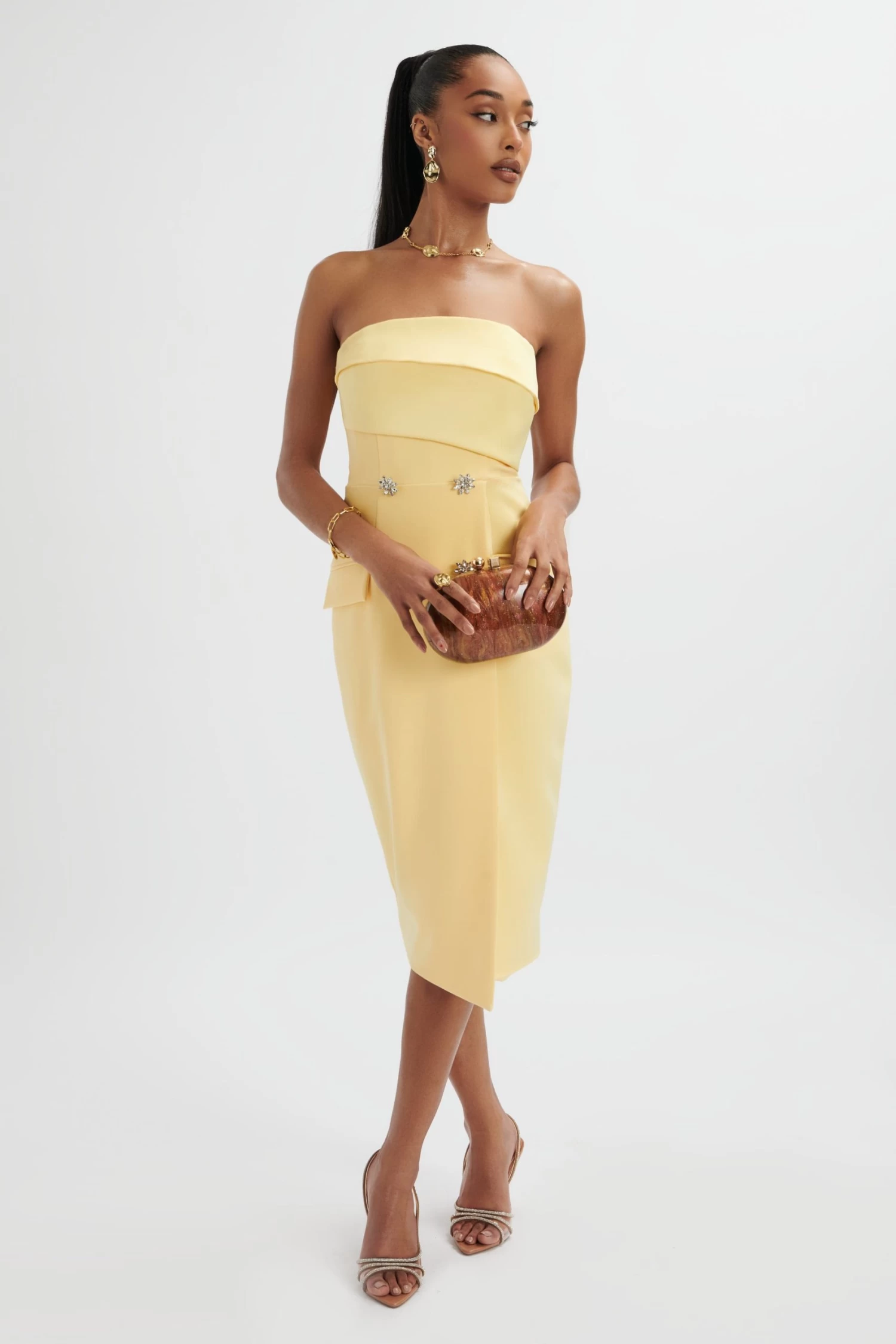 FLUER Bandeau Tailored Midi Dress In Pastel Yellow - Image 2
