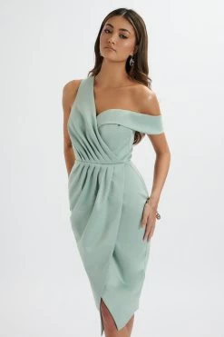MAJA One Shoulder Pleated Bonded Satin Midi Dress In Sage Green