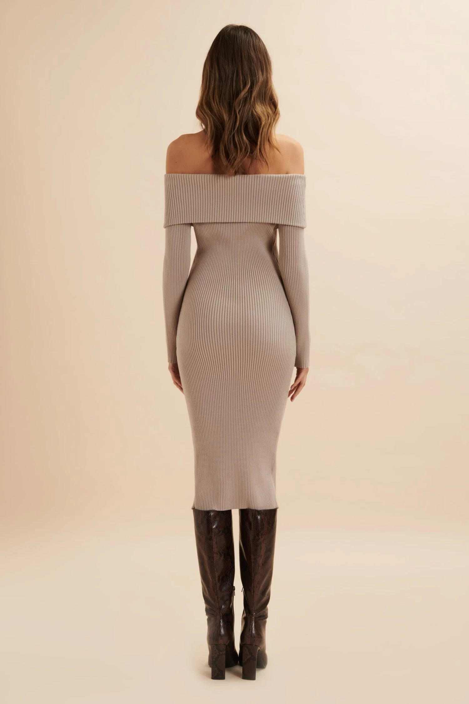 SUNDAY Knitted Rib Bardot Midi Dress In Beige - Image 4