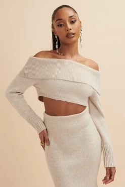 AVANI Knitted Wool Bardot Cropped Top In Stone