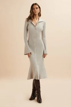PARKER Knitted Ribbed Fit & Flare Collared Dress In Stone