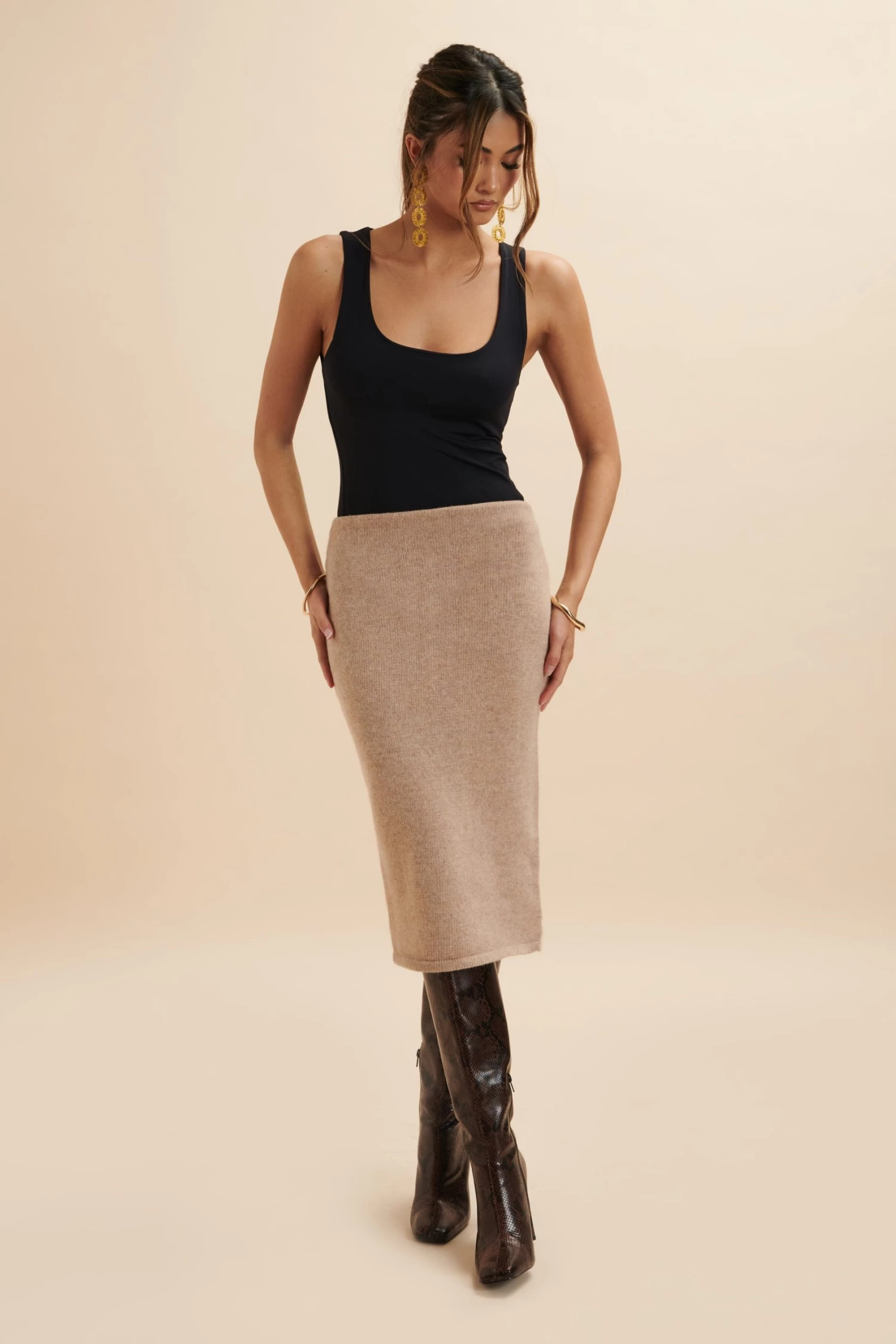 MARTINA Knitted Cashmere Blend Midi Skirt In Beige - Image 2