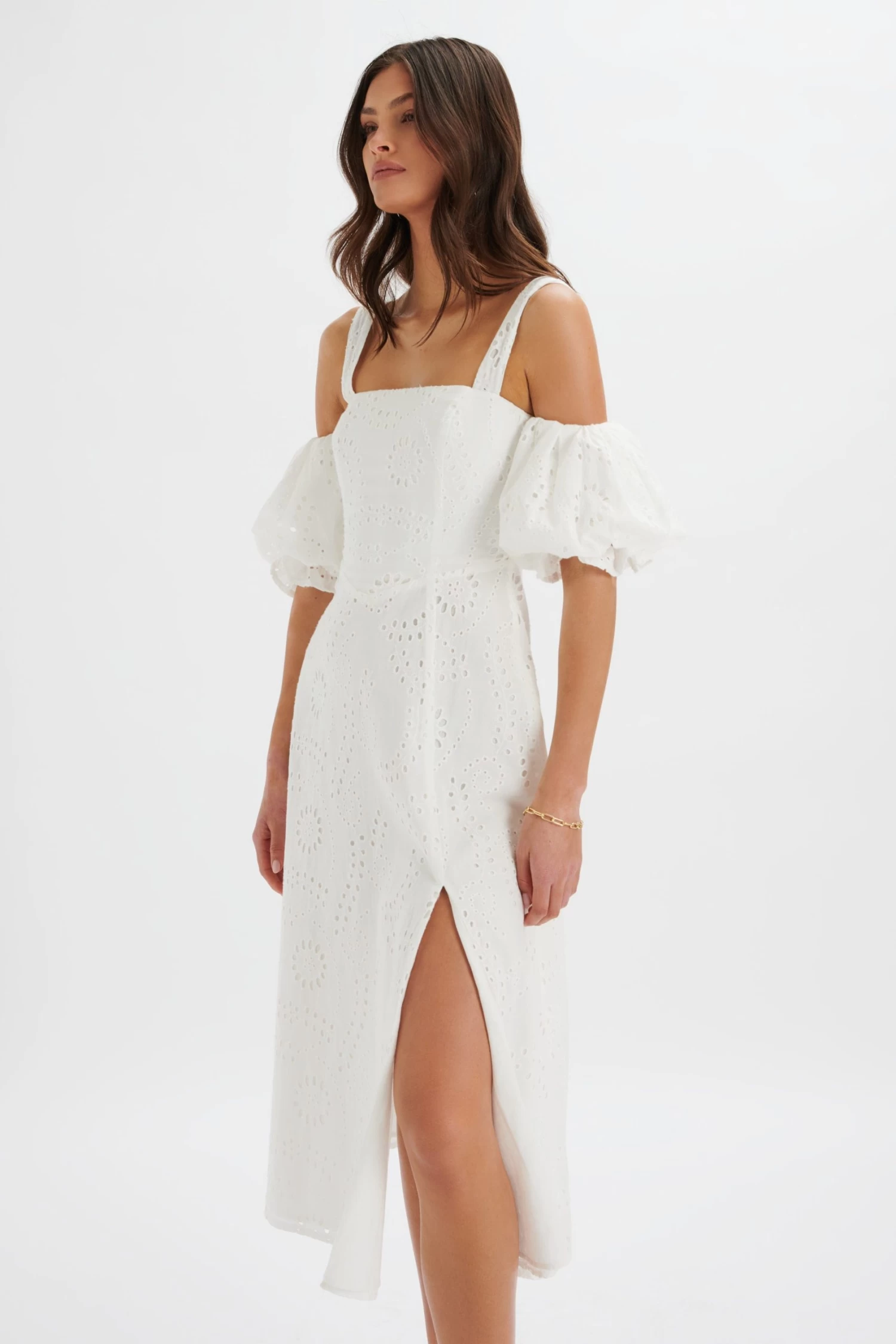 CHARLI Off Shoulder Broderie Dress In White - Image 2