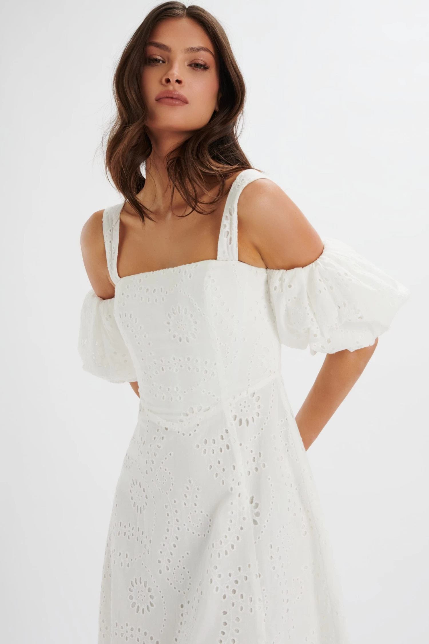 CHARLI Off Shoulder Broderie Dress In White - Image 3