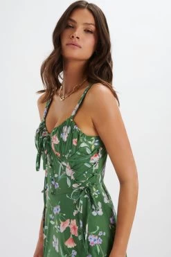 ROSEY Gathered Longline Dress In Green Floral Print