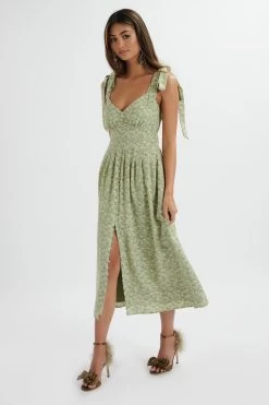 HALLE Micro Button Midi Sundress In Ditsy Floral Sage Green